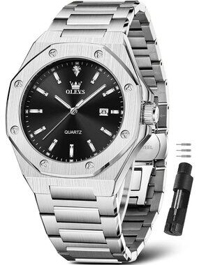 Men's Silver Black Luxury Stainless Steel Octagon Analog Quartz Waterproof Watch